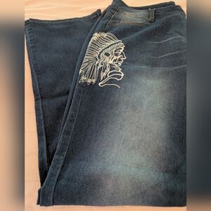 Women's Blue Jeans with Embroidered Indlan Face & Pockets